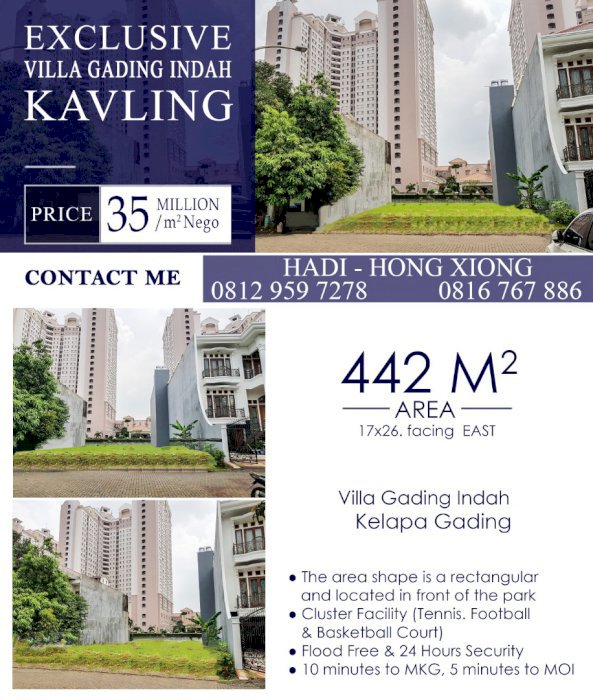 Dijual Kavling Villa Gading Indah kelapa Gading. 10 Menit Ke MAG