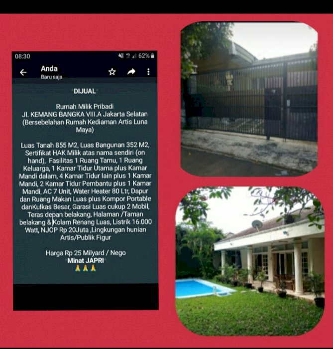 JUAL RUMAH jl.BANGKA VIII.A bersebelahan rumah luna maya