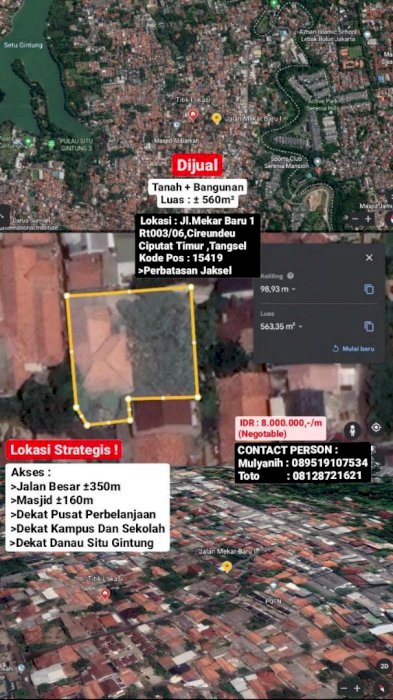 Dijual Tanah Luas 560mÂ² Tangsel ,Lokasi Strategis Akses Jalan Besar