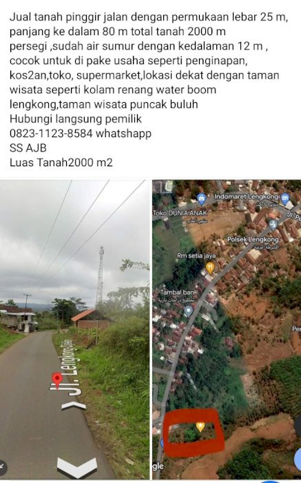 Jual tanah luas 2000 m      lebar permukaan jalan raya 25 m