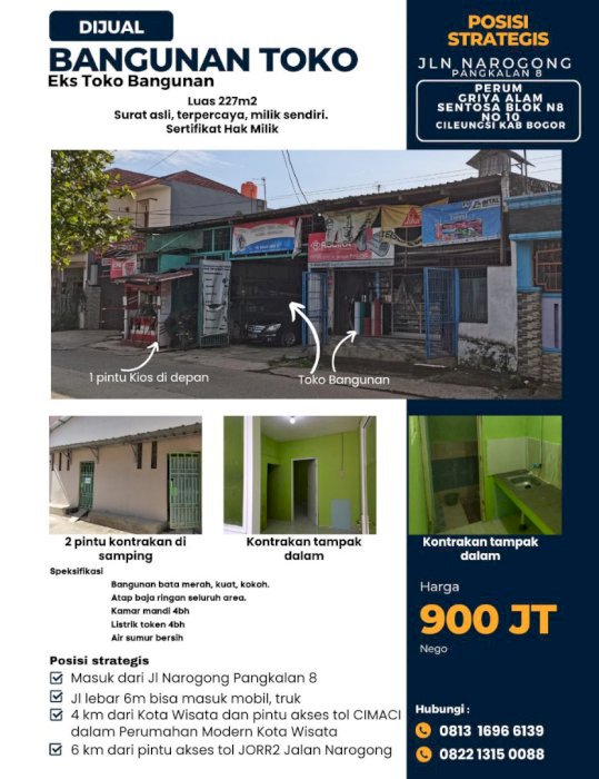 DIJUAL CEPAT BU RUMAH EKS TOKO BANGUNAN