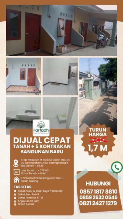 DIJUAL CEPAT SIAP HUNI RUMAH KONTRAKAN 5 UNIT SHM CIIKARANG