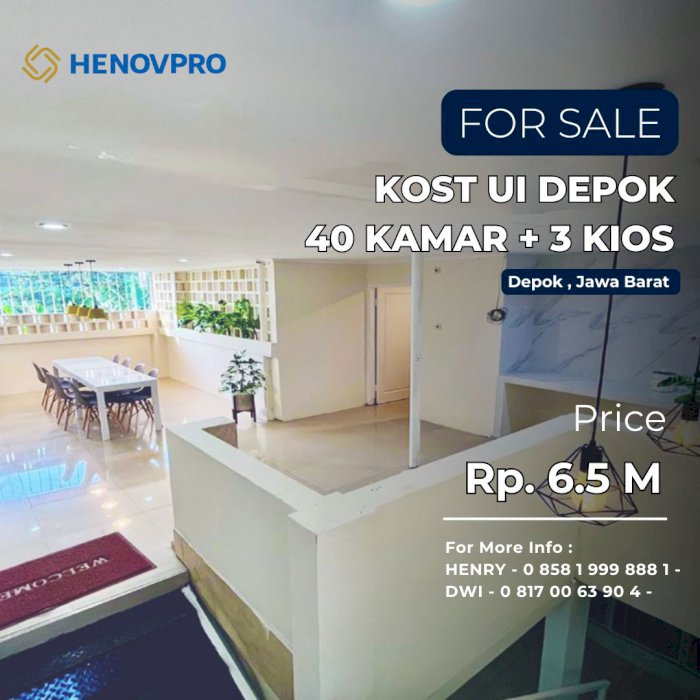 Dijual Cepat Kost UI Depok 40 Kamar + 3 KIOS