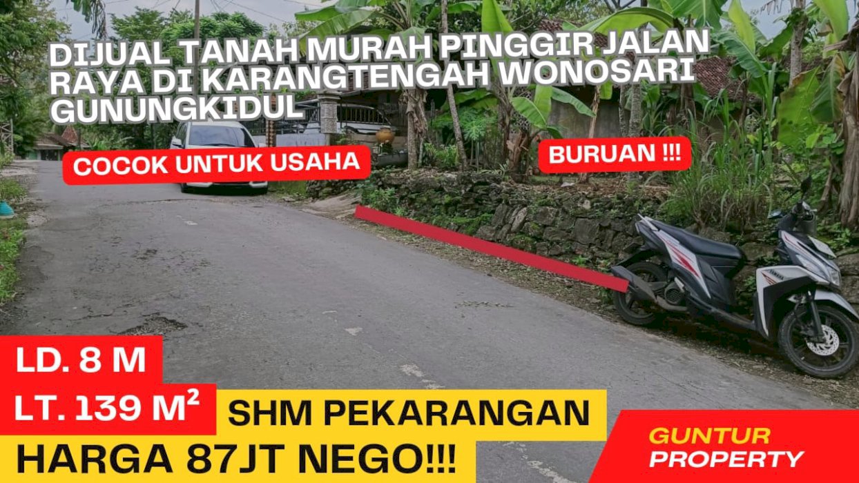 Dijual tanah mangku Jalan Raya di Karangtengah Wonosari Gunung kidul
