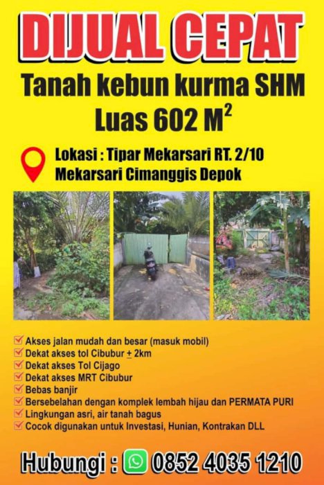 Dijual cepat tanah kebun kurma di cimanggis, depok