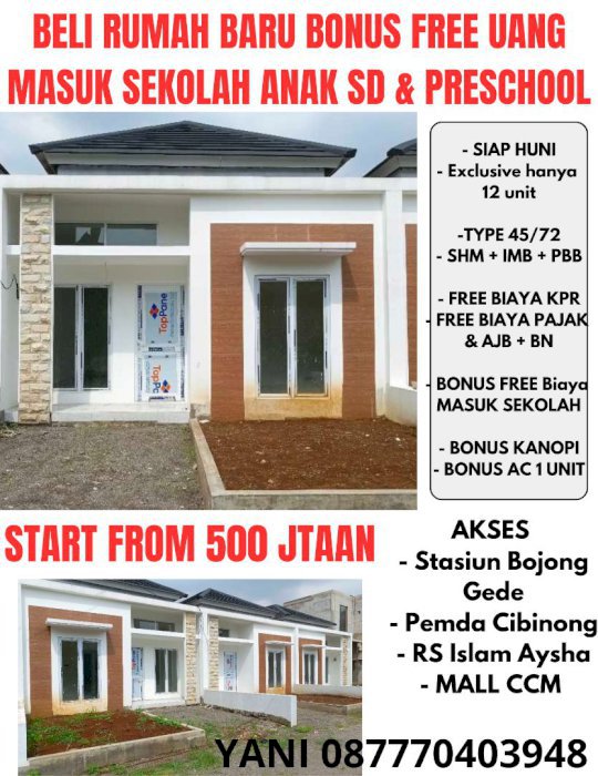 RUMAH SIAP HUNI TERMURAH DI CIBINONG BONUS GRATIS BIAYA MASUK SEKOLAH
