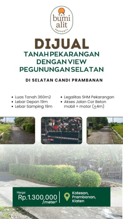 Di jual Tanah Pekarangan View Pegunungan Dekat Sawah