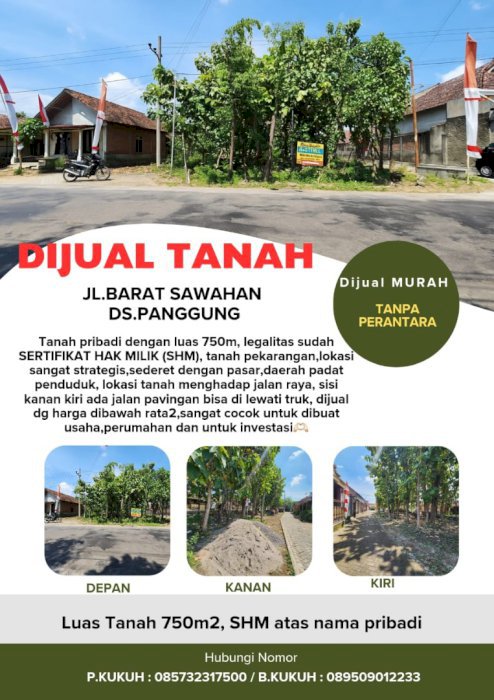 Dijual murah tanah luas 831m2,SHM,JL.BARAT-SAWAHAN DS.PANGGUNG
