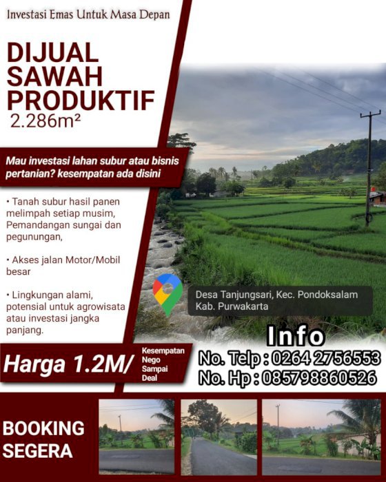 Dijual tanah sawah subur untuk investasi Pondok salam kota Purwakarta