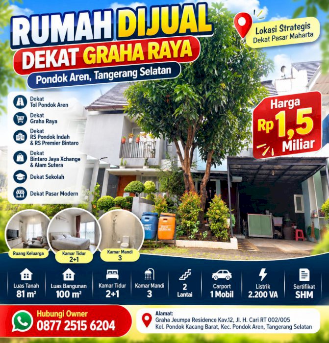 Rumah Dijual Dekat Graha Raya – Pondok Aren, SHM, 2 Lantai