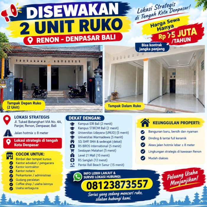 2 unit Ruko disewakan Renon Denpasar bali