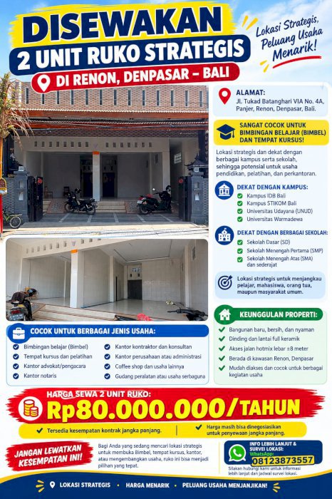 Di sewakan 2 unit ruko di Renon Denpasar Bali