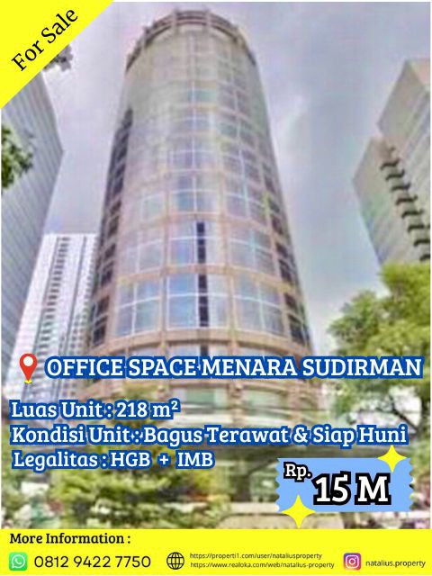 Dijual Office Space Menara Sudirman Luas 218m² Lokasi SCBD Senayan