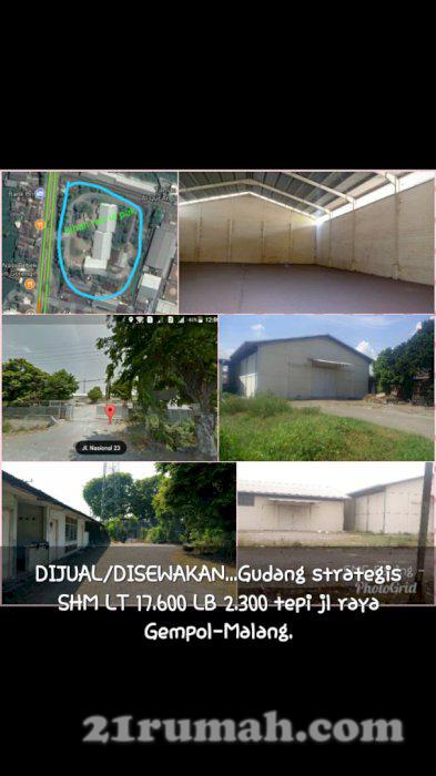 Jual gudang lokasi strategis tepi jl raya gempol-malang. 