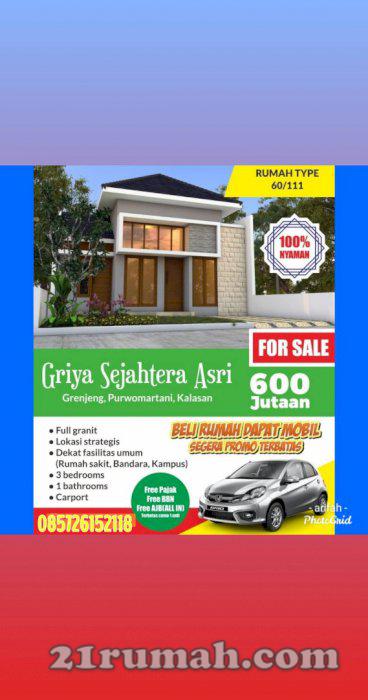 Jual rumah  bonus mobil murah