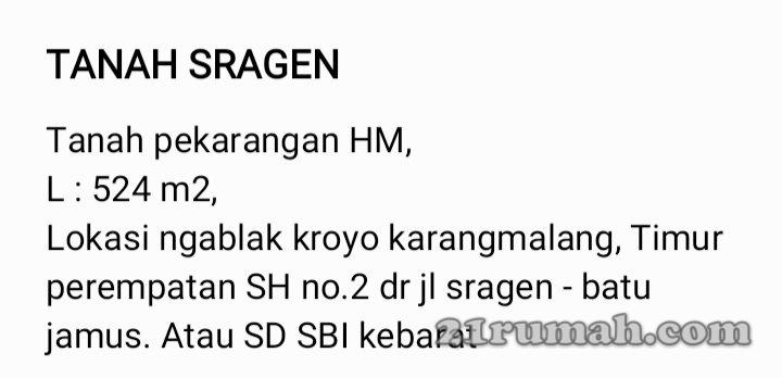 BU. Jual Tanah Pekarangan  SHM di SRAGEN