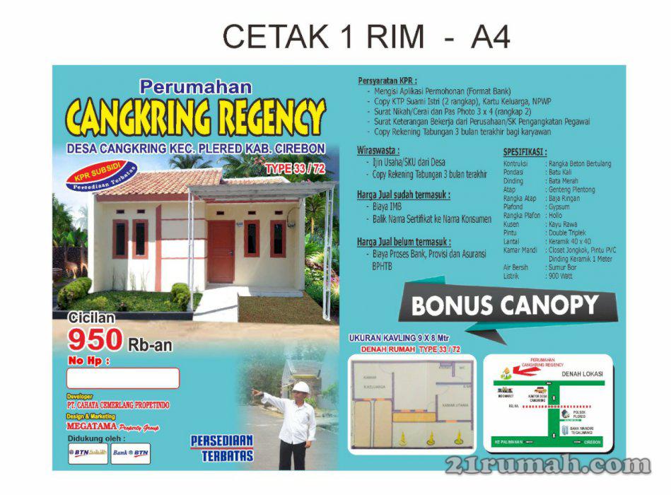 Rumah Subsidi Cirebon T. 33/72 DP 8 jt Angs 900 rb-an Gratis Kanopi