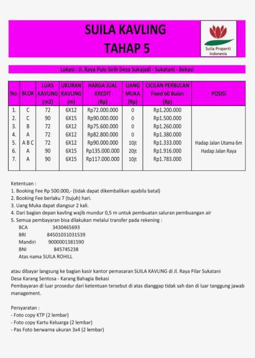 Tanpa DP Kavling Kpr Develover Di Sukatani Bekasi Cicilan 1Jutaan SHM 