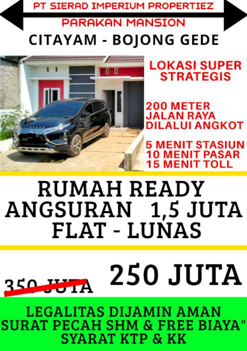 RUMAH SIAP HUNI CICILAN 1,5 JT SYARAT KTP KK DI CITAYAM-BOJONG GEDE