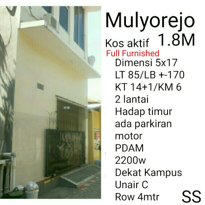 Dijual Rumah Kost Aktif Full Furnished Mulyorejo 1,8M
