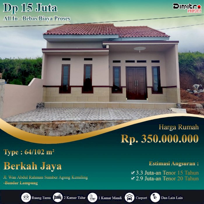 rumah modern minimalis di kemiling, DP  cukup 15 juta all in