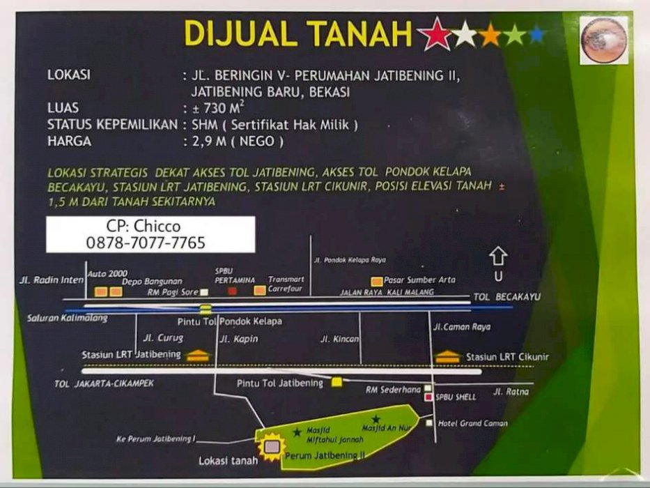 Tanah Jatibening 2, 730m2 SHM