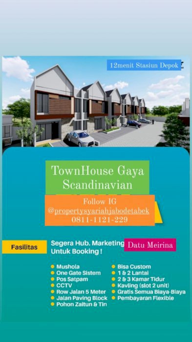 Jual Rumah TownHouse Gaya Skandinavian 2 LT Dekat Grand Depok City
