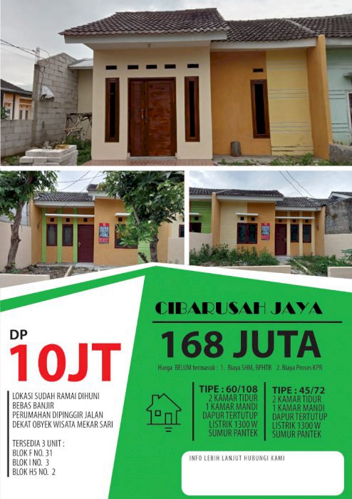 RUMAH KOMERSIL, HARGA SUBSIDI. CIBARUSAH JAYA, SIAP HUNI TIPE BESAR 40/72