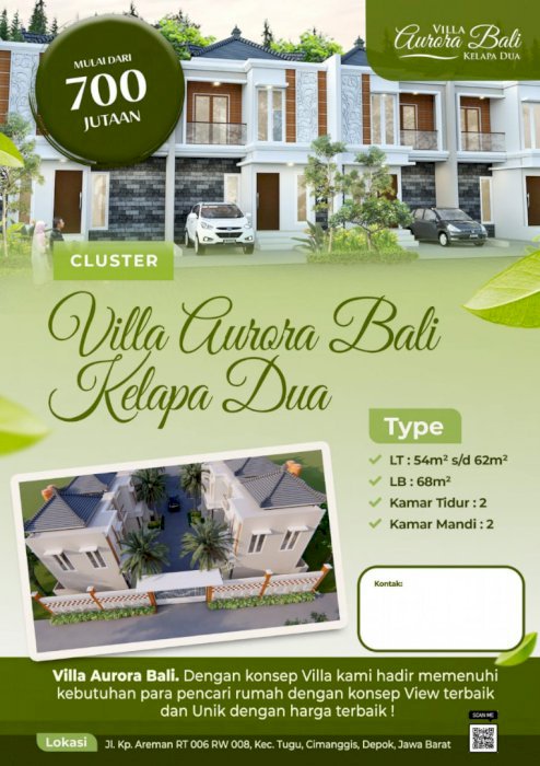 Dijual Rumah di Cluster Villa Aurora Bali Kelapa Dua Cimanggis-Depok