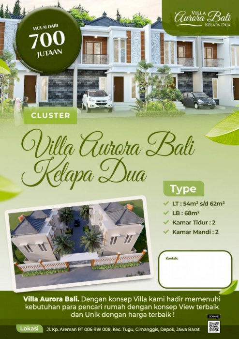Dijual Rumah Murah di Cluster Villa Aurora Bali Kelapa Dua Cimanggis-Depok