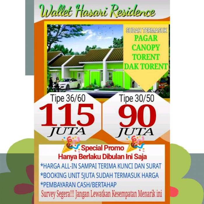 Rumah Investasi/Huni Murah 90jt 30/50 10mnt dr Tol Bubat/M.toha