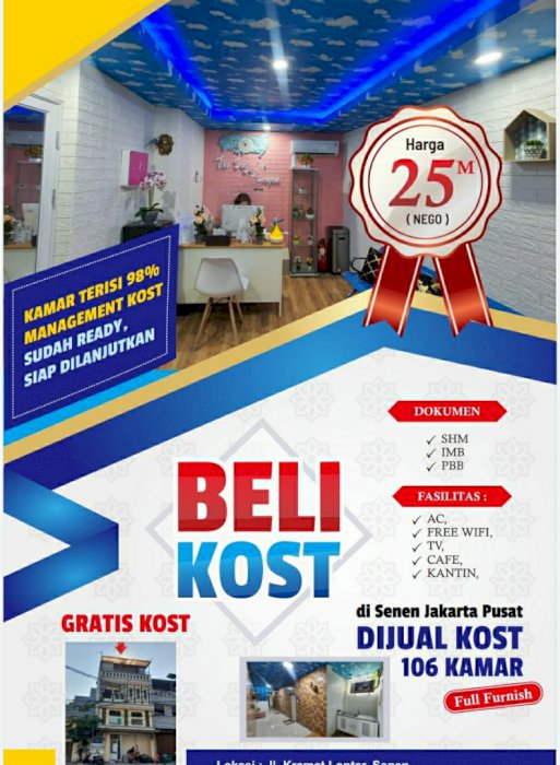 Dijual Kost Mewah Di Bawah Harga Pasar di Jln Kramat, Paseban Senen