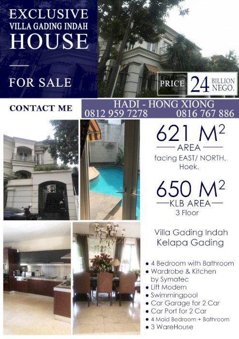 DIJUAL Rumah Villa Gading Indah-Kelapa Gading. Semi-Furnished. 10 Menit ke MOI