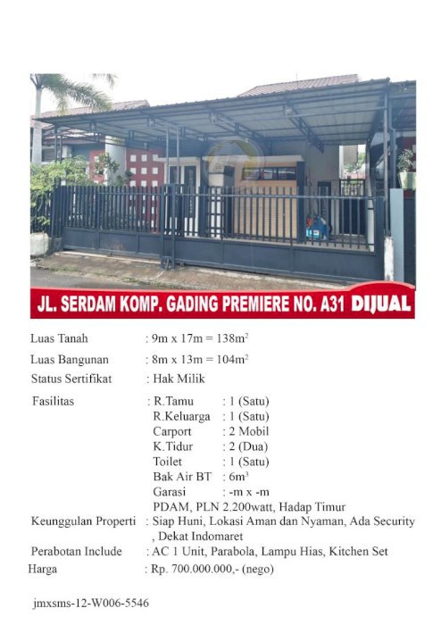 Dijual rumah, komplek cluster.