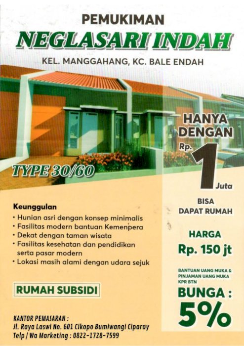 Rumah Subsidi 20mnt ke Tol Buahbatu, Manggahang