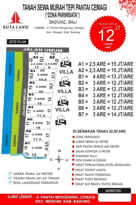 Tanah sewa murah -Tepi pantai cemagi(zona Pariwisata)