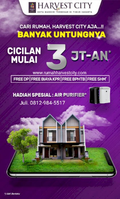 Harvest City Rumah 2 lantai Free Angsuran 3 bulan
