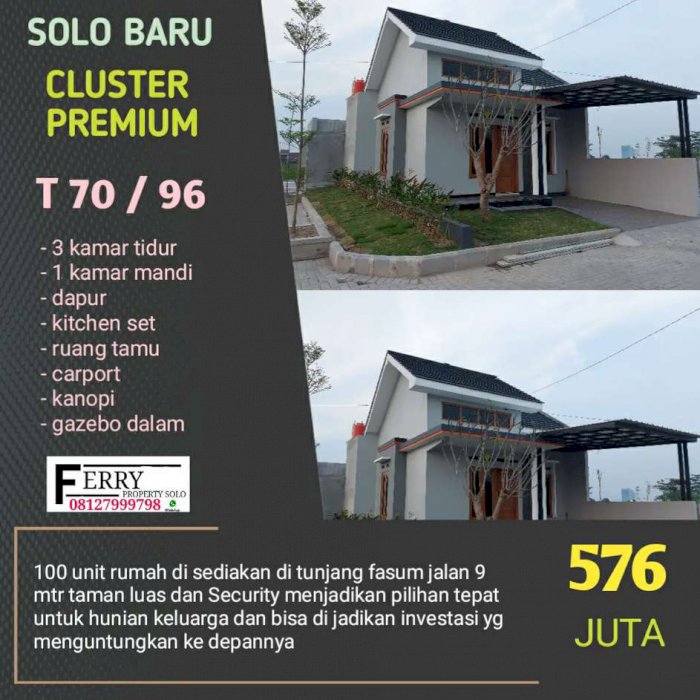 Dijual perumahan cluster solo baru baki grogol Sukoharjo dr oen 576jt
