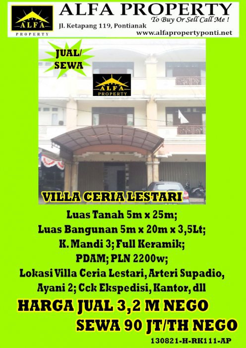 Ruko di Lokasi Villa Ceria Lestari, Pontianak, Kalimantan Barat