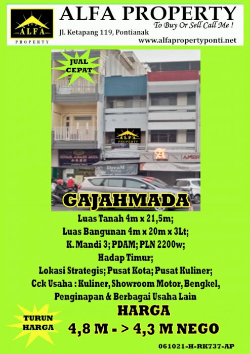 Ruko lokasi di Gajahmada, Pontianak, Kalimantan Barat