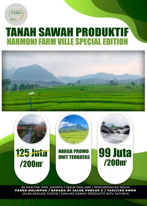 Tanah Kavling Sawah 200m2 harga 99juta Di Cariu-bogor