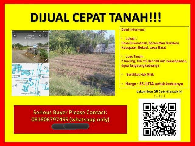 Dijual Cepat Tanah Luas di Desa Sukamanah, Sukatani, Kab. Bekasi