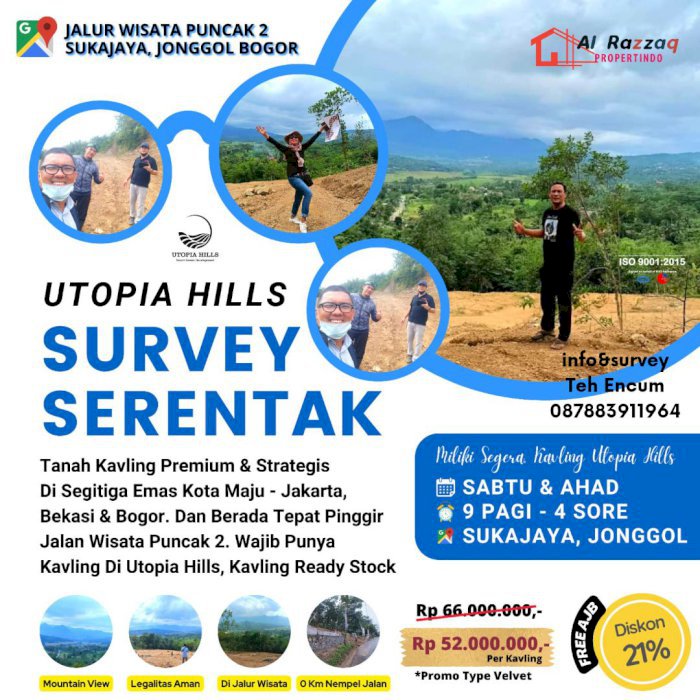 TANAH KAVLING JONGGOL EXCLUSIVE UTOPIA HILLS, DEKAT JAKARTA, STRATEGIS, LEGALITAS AMAN, VIEW INDAH,