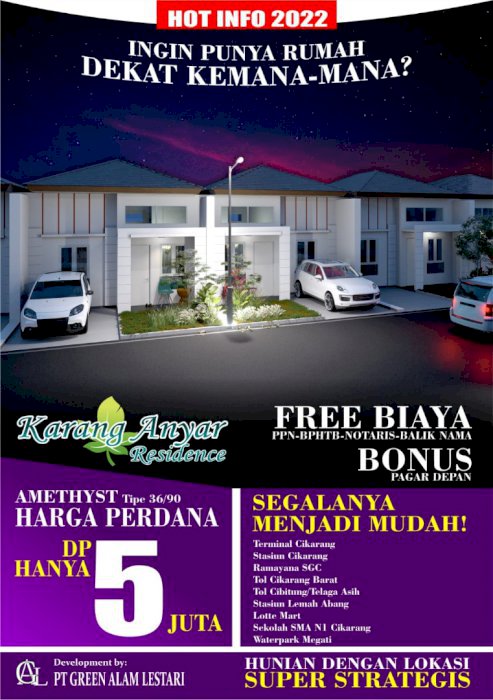 Di Jual Rumah Cluster Ready Di Karang Anyar Residence Cikarang Dp 0%
