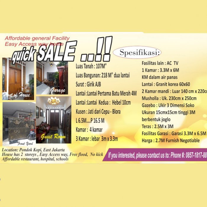BU!! Rumah dijual cepat Beserta isinya Daerah Pondok Kopi,Jakarta Timur
