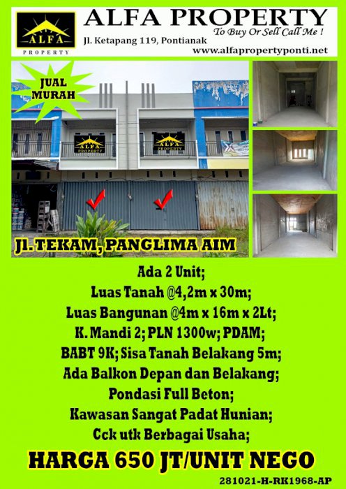 Ruko Jl Tekam Pontianak, Kalimantan Barat