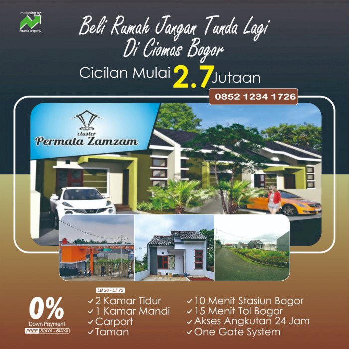 Rumah Dp 0% dkt stasiun Bogor di Cluster Permata Zam Zam Ciomas Bogor