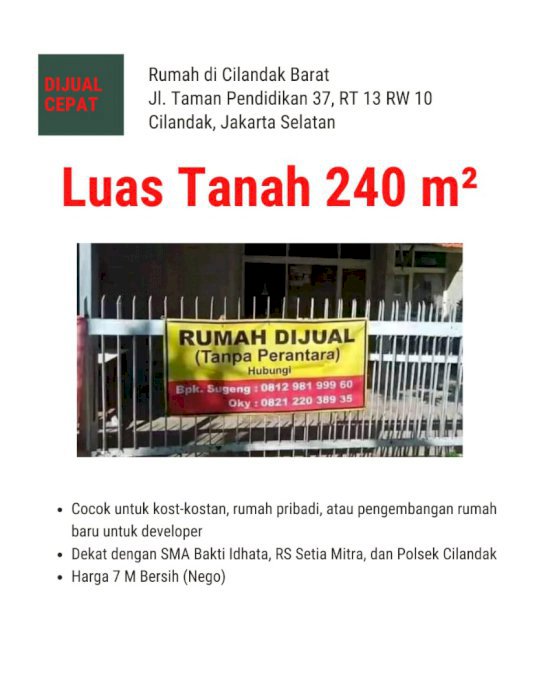 Dijual Tanah Rumah di daerah Cilandak Barat