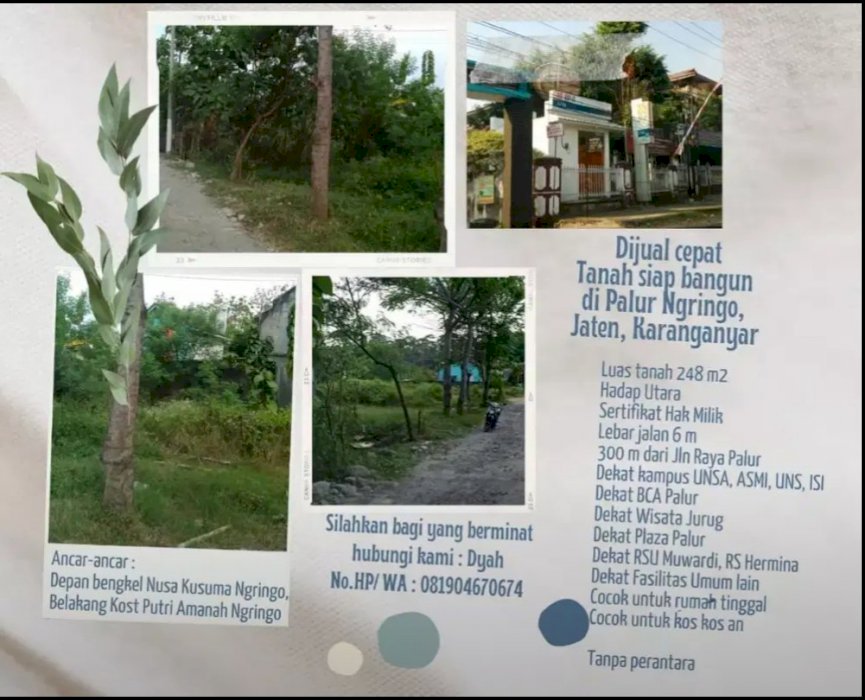 Tanah Strategis Dekat UNSA, Palur, Ngringo, Jaten, Karanganyar