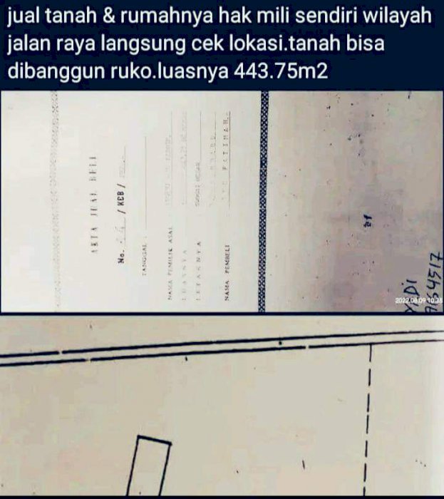 Jual tanah lokasi simpang4 sungai besar luas 443.73m2